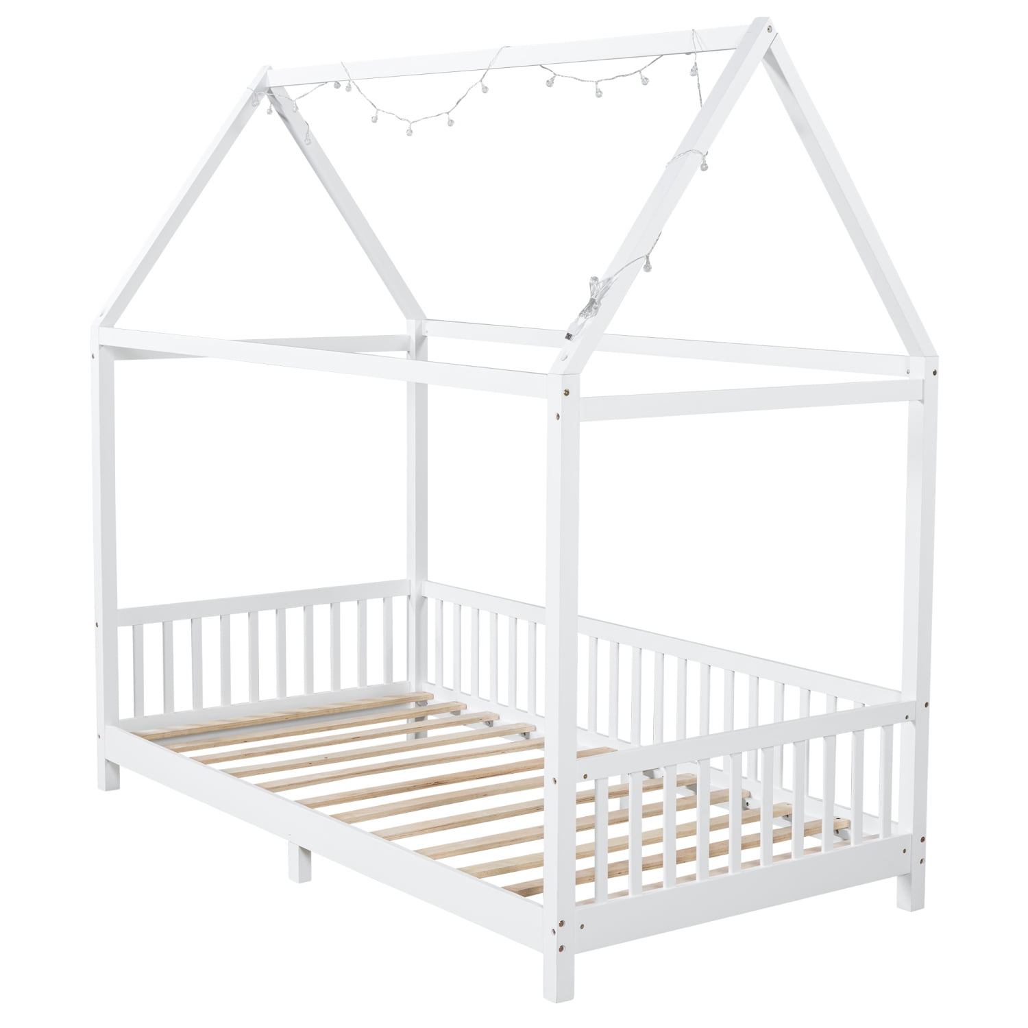 Harper & Bright Designs Wood House Bed Twin Size Floor Bed with Fence, Twin Montessori Bed Frame with LED Light for Girls & Boys, White