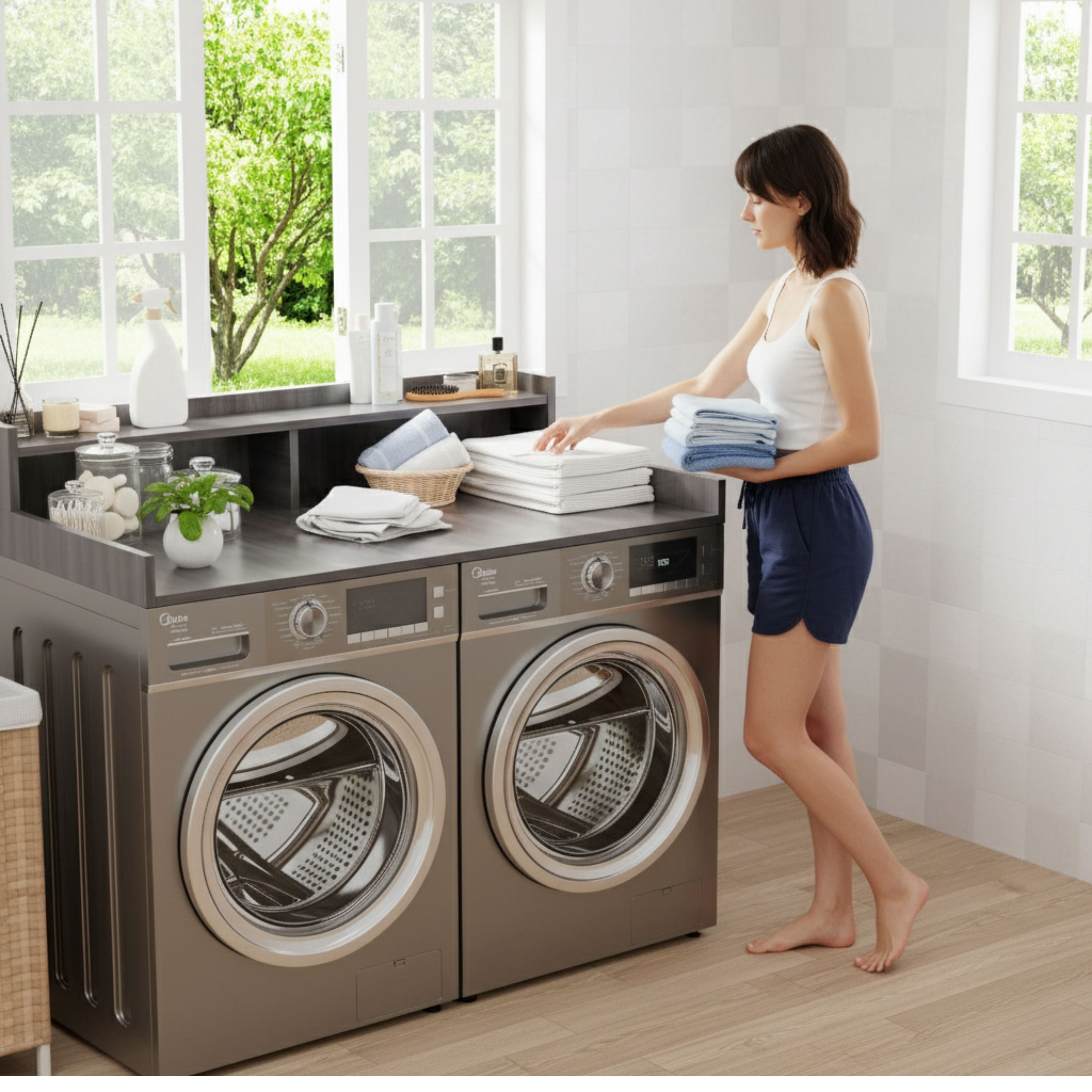 OfficeSimpli Large Washer Dryer Countertop with Shelf - 30 x 58 Inch - Made in USA Laundry Countertop Over Washer and Dryer with Non-Slip Pads, Storage Shelf, Laundry Topper Organizer, Iconic Maple