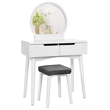 Vasagle Vanity Set Makeup Dressing Table With Round Mirror 2 Large Drawers Sliding Rails Cushioned Stool 31 5 X 14 8 50 4 Inches White Canada Vasagle Vanity Set Makeup Dressing, Large Round Mirror For Dressing Table