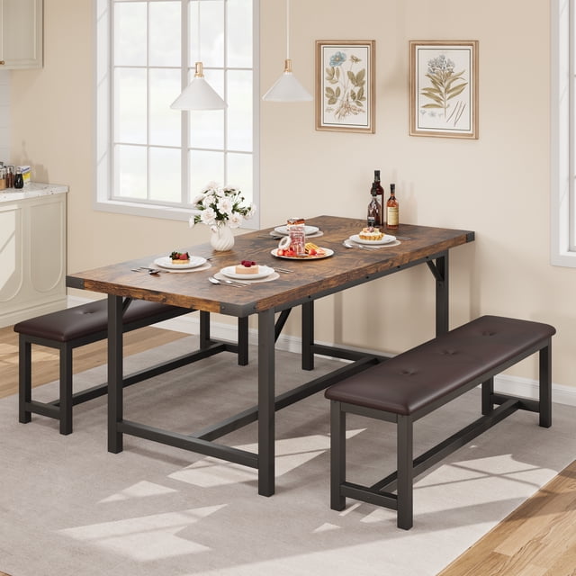 EDTara Wooden Extendable Dining Table Set With 2 Upholstered Benches, Compact 3-Piece Table Set for 4-6 People
