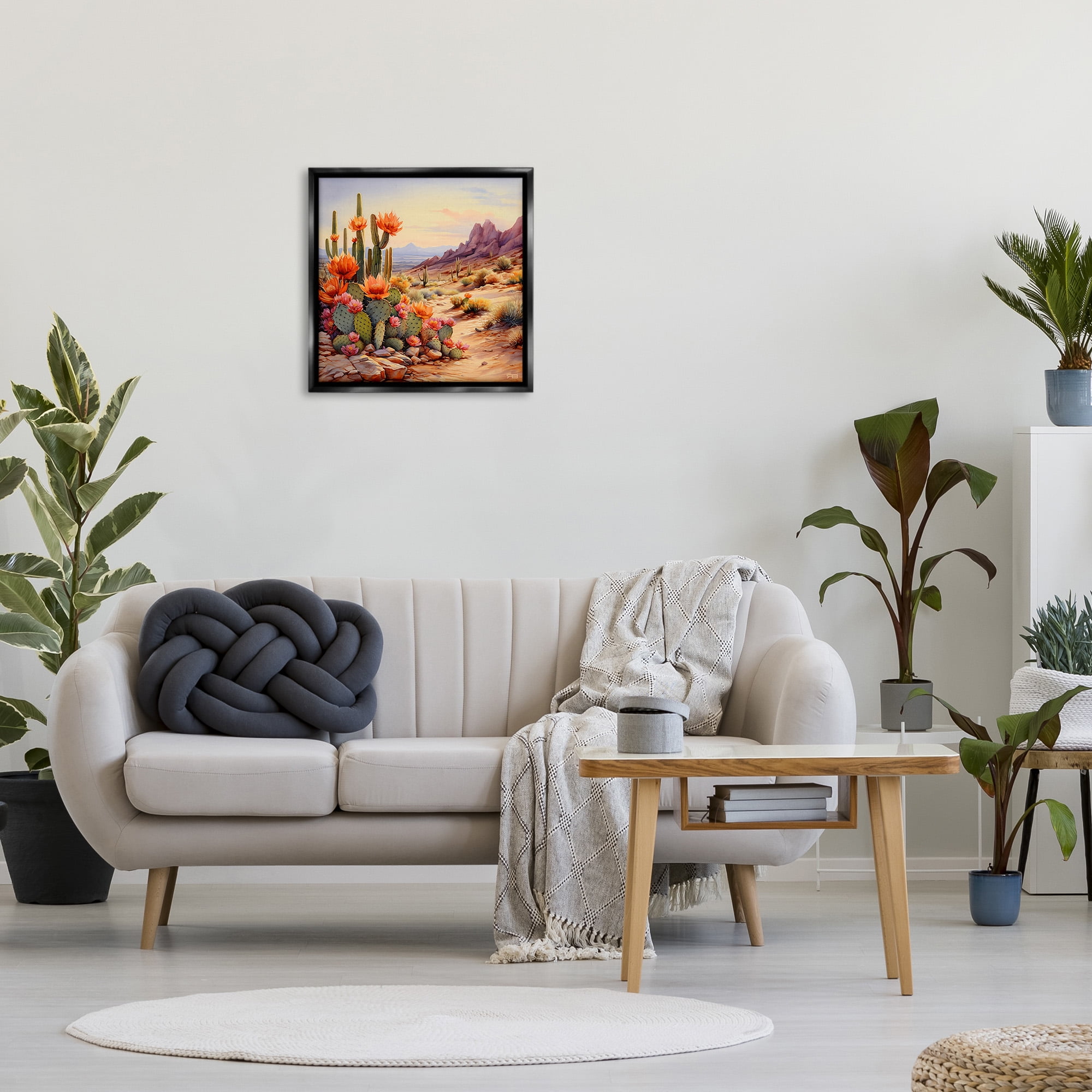 Stupell Industries Cactus Flower Landscape Landscape Painting Black Floater Framed Canvas Art Print Wall Art, 25 x 25
