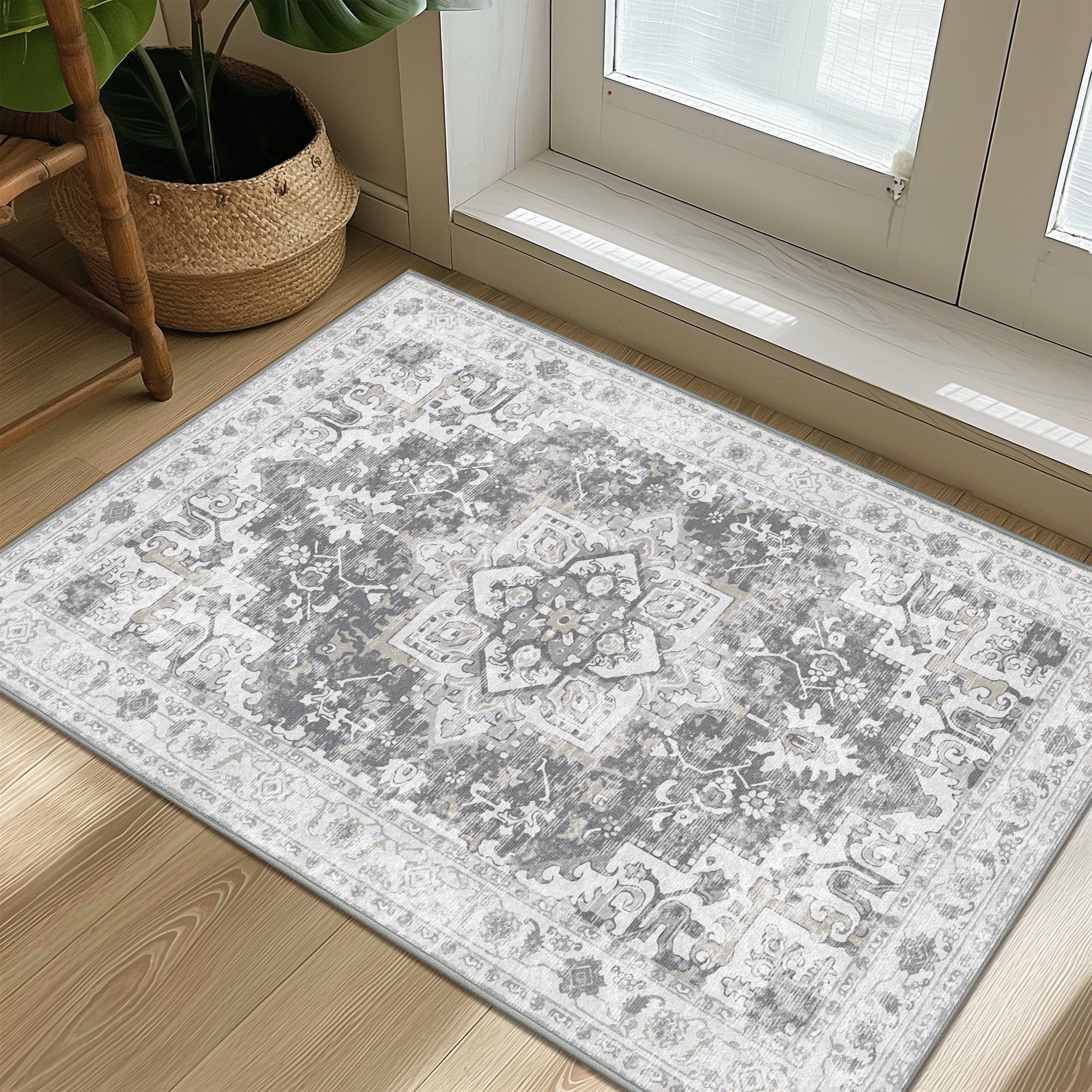 KUETH Area Rug Non Slip 2'x3' Doormat Low Pile Machine Washable Vintage Rugs, Small Chenille Entryway Mat for Entrance, Hallway, Kitchen and Bathroom