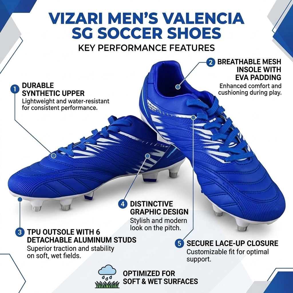 Vizari Men's Valencia SG Soft Ground Soccer Shoes/Cleats for Soft or Wet Playing Surfaces and Fields (Royal Blue, 7)