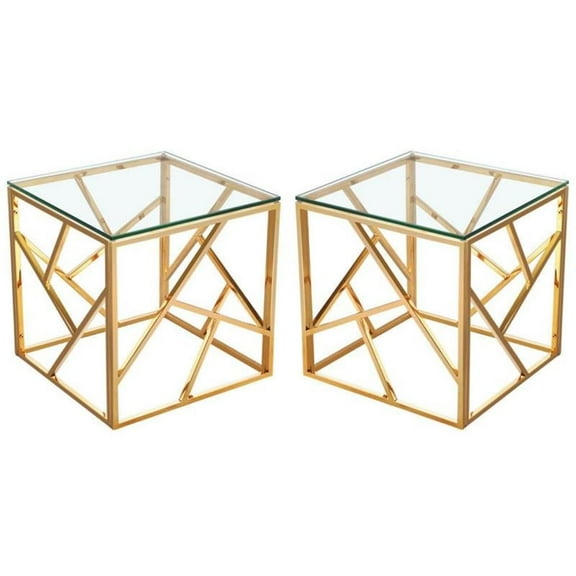 Home Square Transitional Glass Top End Table in Gold - Set of 2