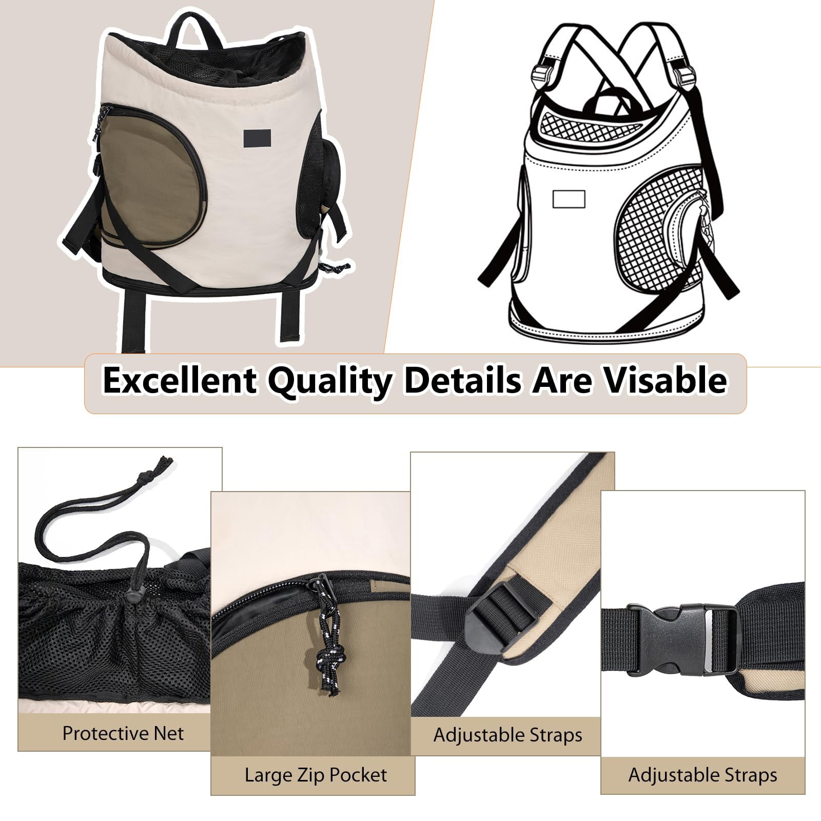 Pet Carrier Backpack, Adjustable Pet Front Cat Dog Carrier Backpack Travel Bag, Legs Out, Easy-Fit for Traveling Hiking Camping for Small Medium Dogs Cats Puppies(14.2"*21.7",Beige)