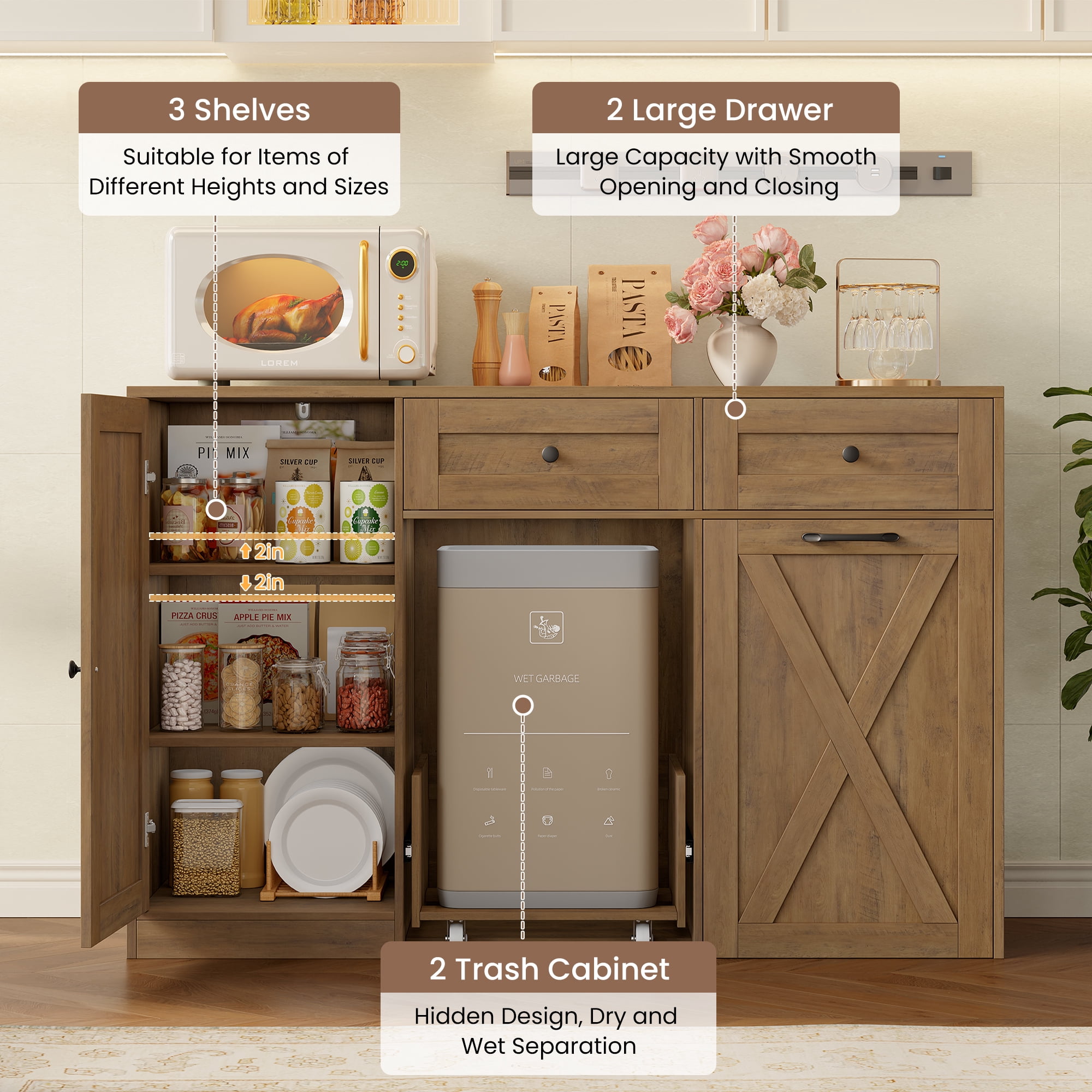 Homfa 47.2"W Kitchen Sideboard Credenza, Trash Can Cabinets Fits 12.5 Gallon Can, 2 Drawer Wood Buffet Storage Cabinet with Adjustable Shelf, Rustic Brown