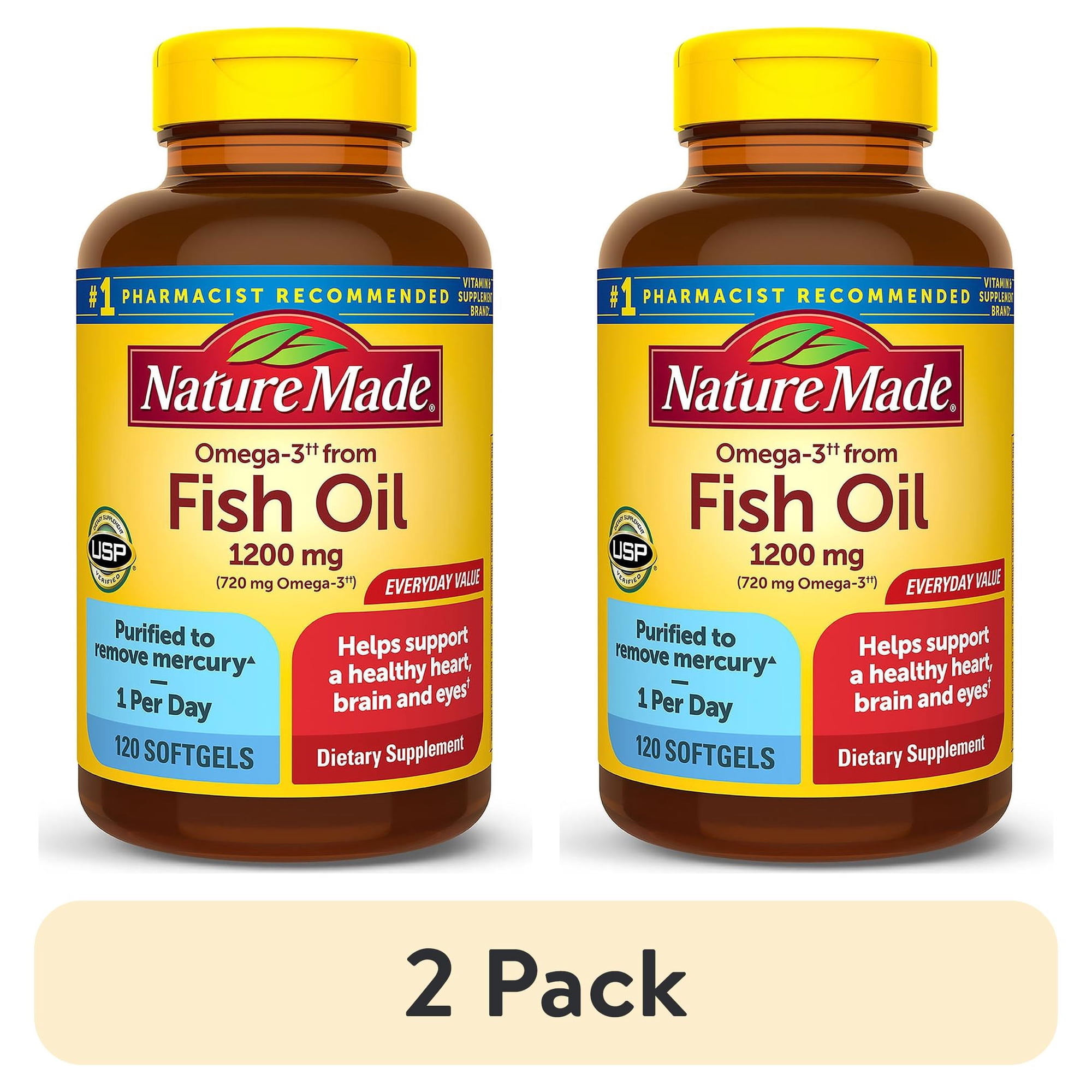 (2 pack) Nature Made Omega 3 Fish Oil 1200mg One per Day Softgels, Fish Oil Supplements, 120 Count