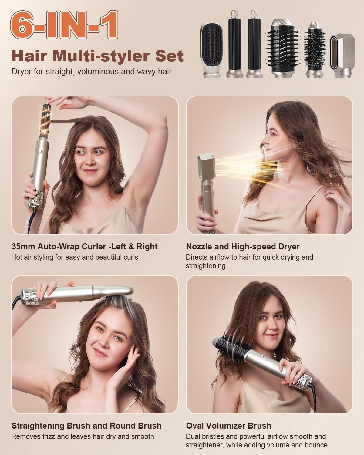 5-in-1 Hot Air Styler with Flex Hair Dryer & Diffuser - 110,000 RPM High-Speed Auto Wrap for Straight, Volumize, Wavy and Curly Hair