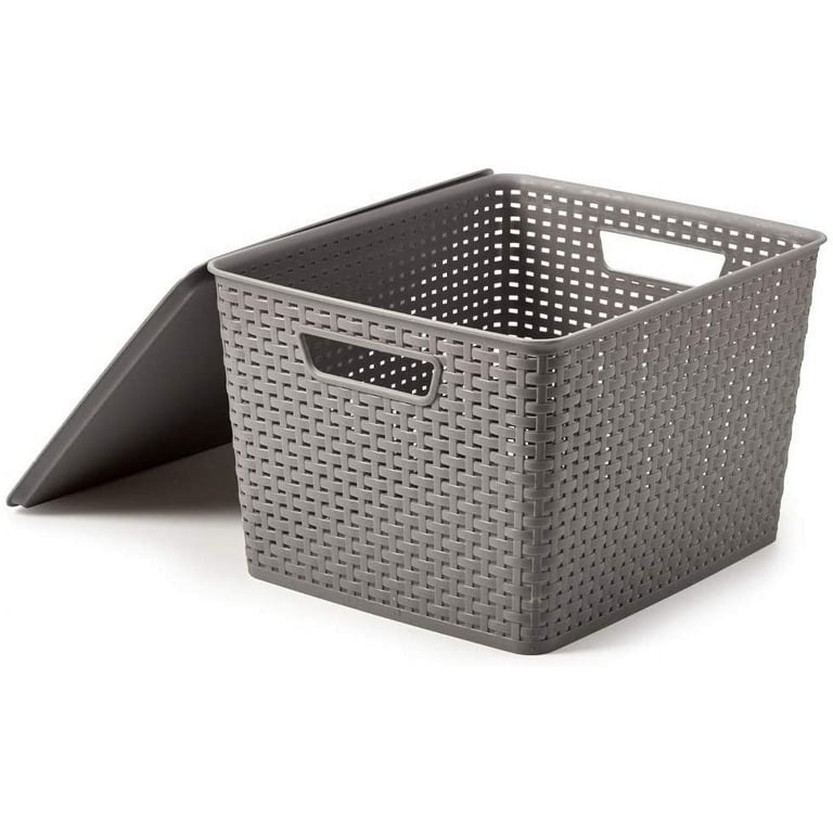 Ezoware Storage Baskets, Large Gray Plastic Organizer Knit Baskets - Pack of 3