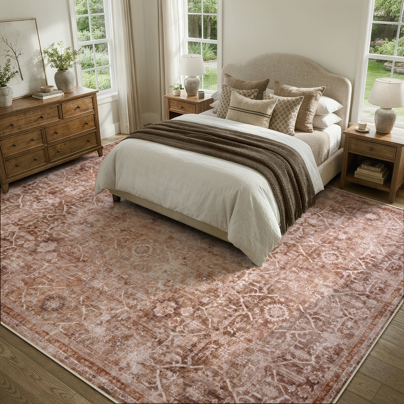 Lahome Extra Large Washable Rug 9x12 Terracotta - Farmhouse Vintage Carpet for Living Room, Dining Space, Bedroom, Office and Classroom, Low Pile Stain Resistant Floor Rug