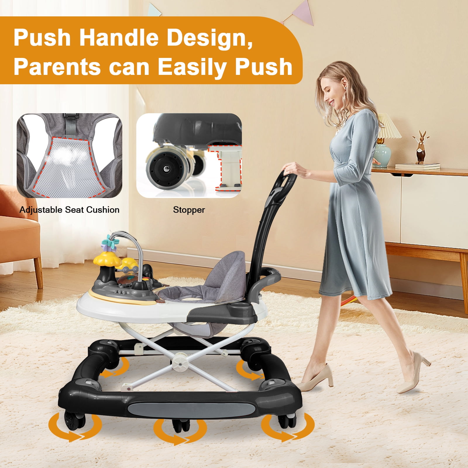 EONROACOO 5-in-1 Baby Walker for Boys Girls, Adjustable Infant Walkers with Wheels(Black)