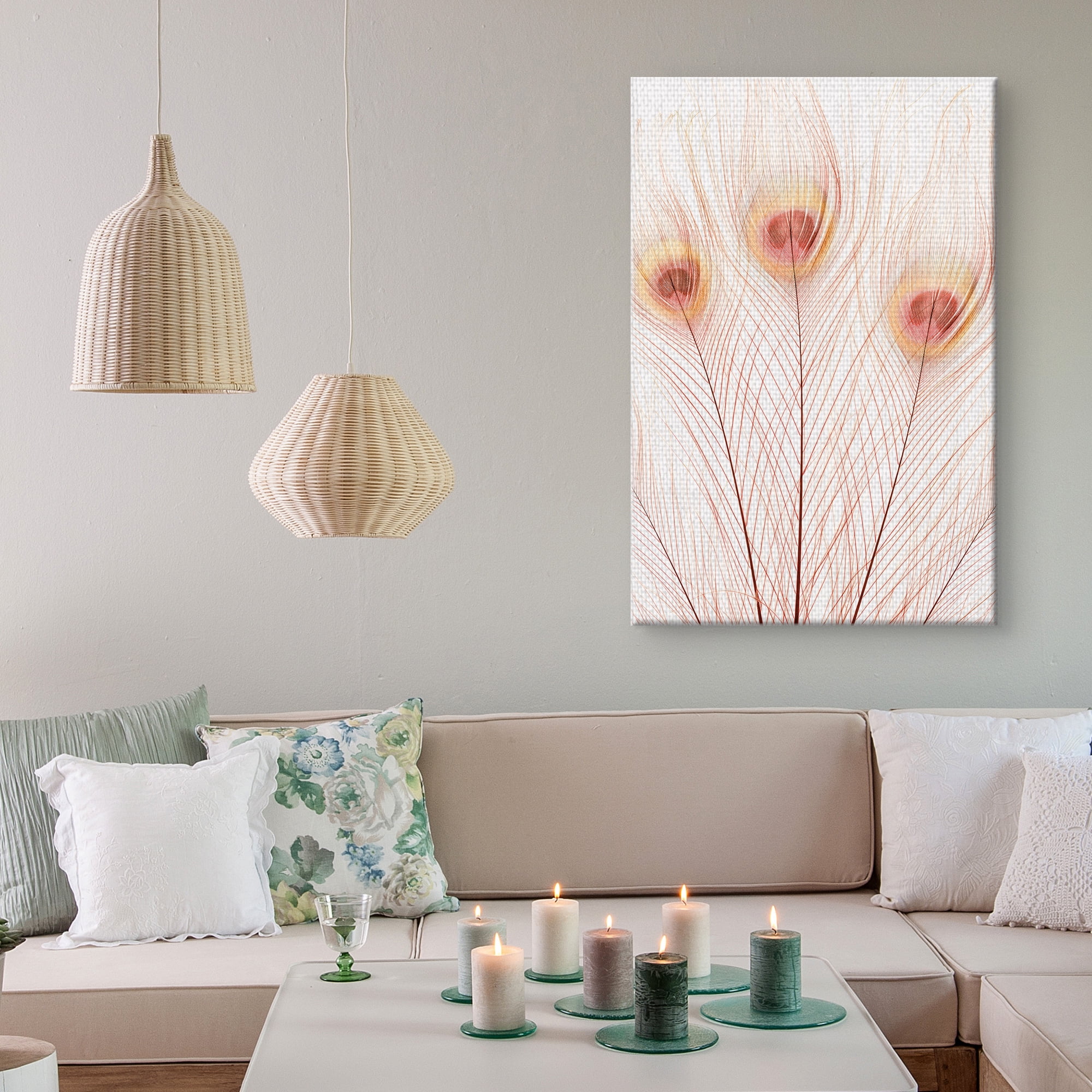 Masterpiece Art Gallery Peach Peacock Feathers by Belle Maison Canvas Photo Art Print 24" x 36"