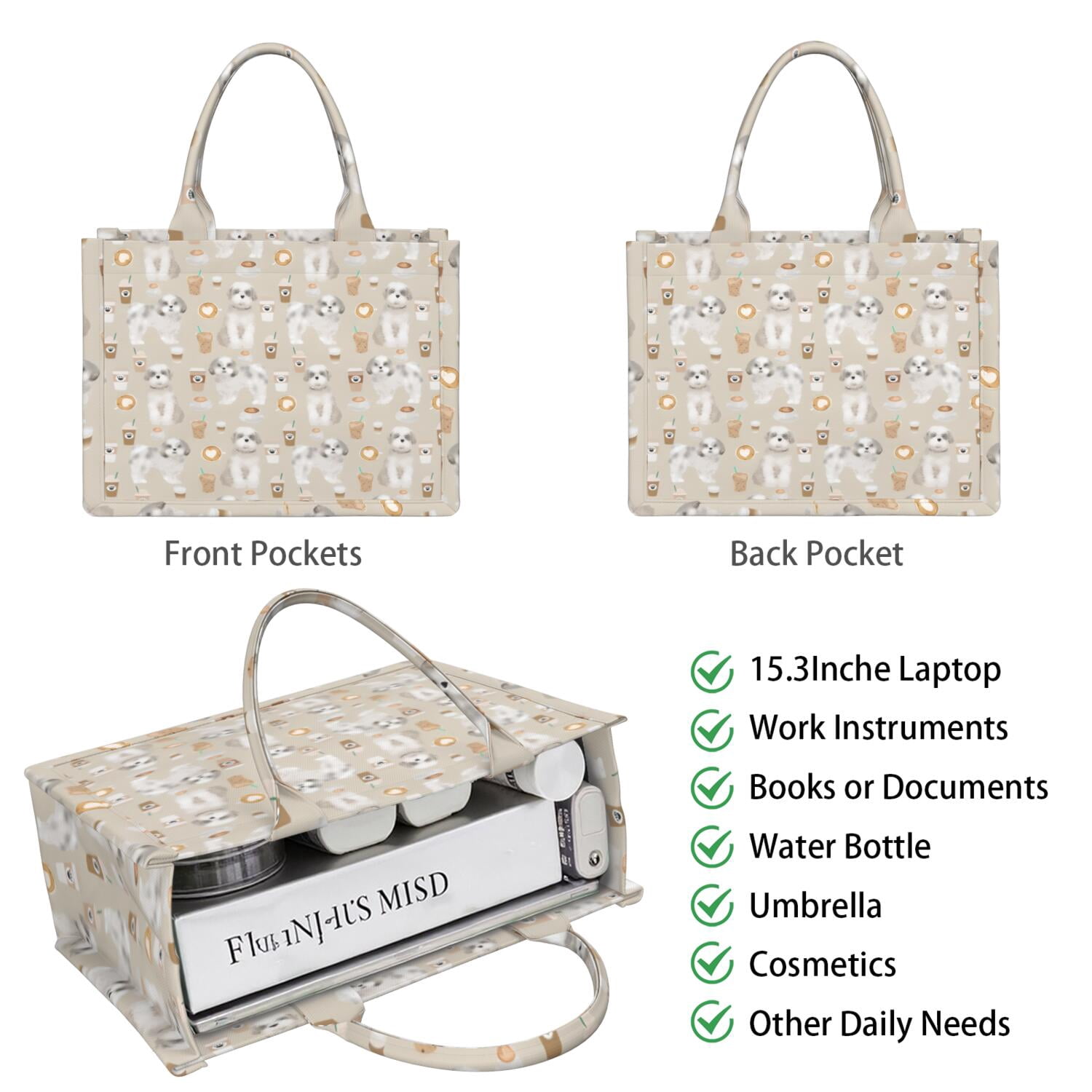 Large Capacity Tote Bag,Cute Shih Tzu Dog and Coffee Pattern Handbag Fashion Luxury Tote Bag,15.7"x13"x 5.1" Inches,Laptop Compatible