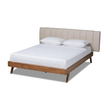 Bowery Hill Upholstered Platform Queen Bed in Light Beige and Walnut