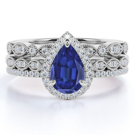 JeenMata Vintage 1.75 Carat Pear Shaped Antique Cornflower Lab Created Blue Sapphire Wedding Trio Ring Set in 18k White Gold Over Silver