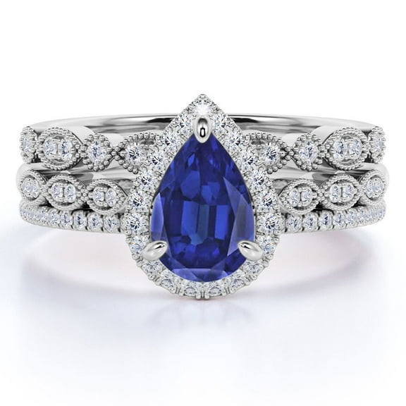 JeenMata Vintage 1.75 Carat Pear Shaped Antique Cornflower Lab Created Blue Sapphire Wedding Trio Ring Set in 18k White Gold Over Silver