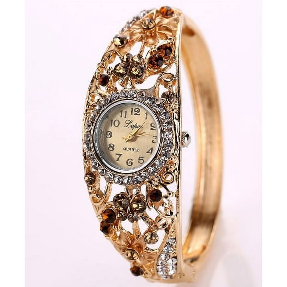 LINEL Women's Topaz Stone Bangle Watch Crystal Bezel Round Dial Bracelet Wristwatch