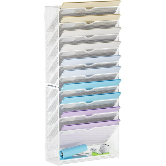Wall File Holder 11-Tier Hanging Wall File Organizer, for Papers, Files Clipboard & Magazine Organizer, Wall Mount File Holder Great for Office Home (White)
