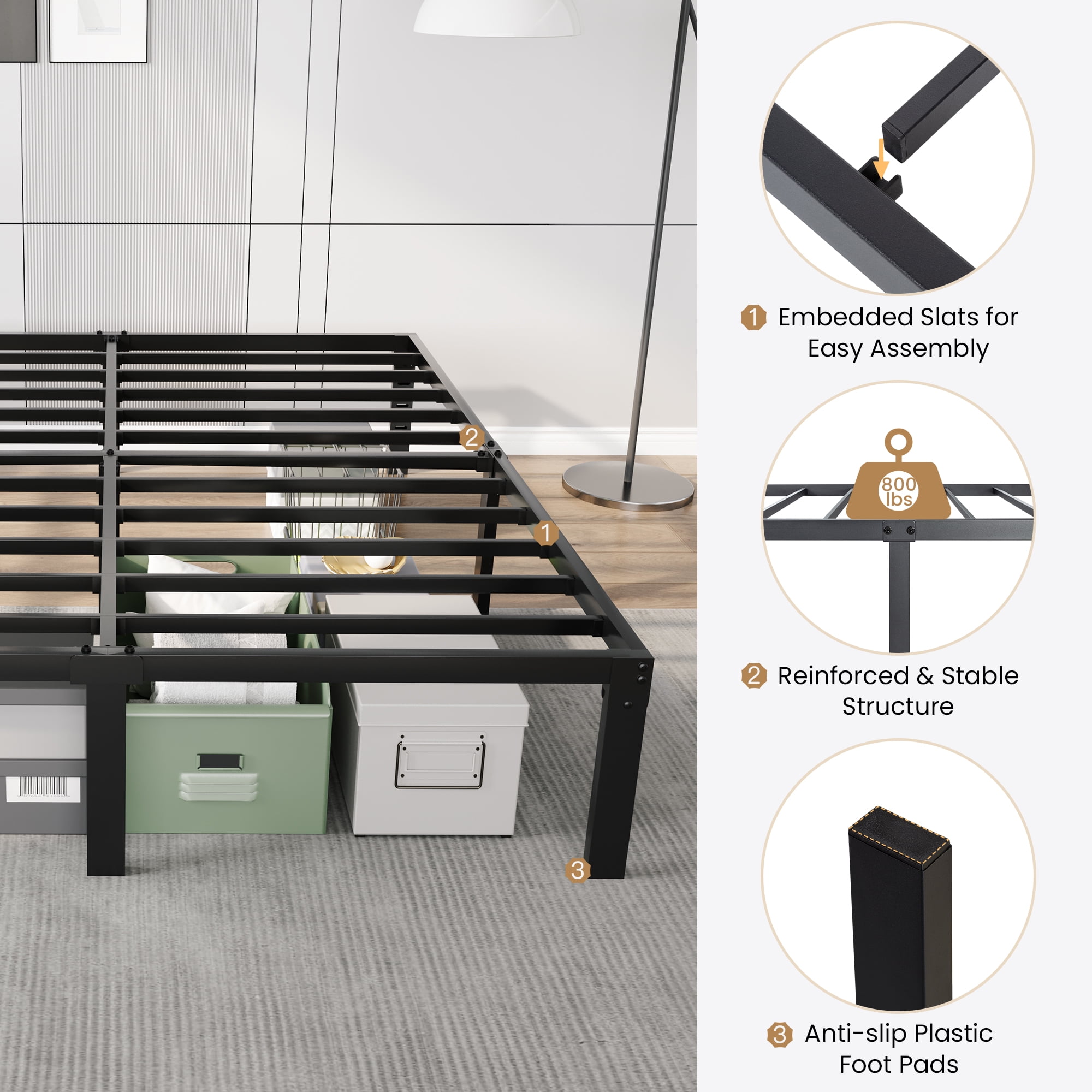 Merrland 14 Inch Full Size Bed Frame, Heavy Duty Metal Platform with Storage, Steel Slat Support, Easy Assembly, Black
