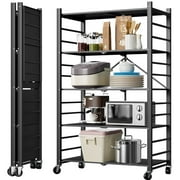 5-Tier Storage Shelving Unit, Foldable Storage Shelf with Wheels, Heavy Duty Metal Storage Shelf Rack with 4 Hooks,Racks Organization for Garage,Kitchen