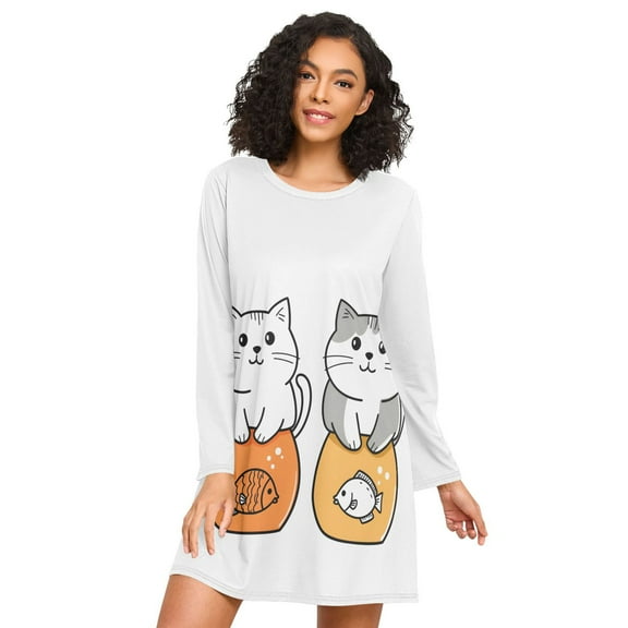 FORMRS Womens Long Sleeve Nightgowns Crew Neck Sleep Shirt Soft Pajamas Sizes S-3XL, Gray Cute Cat