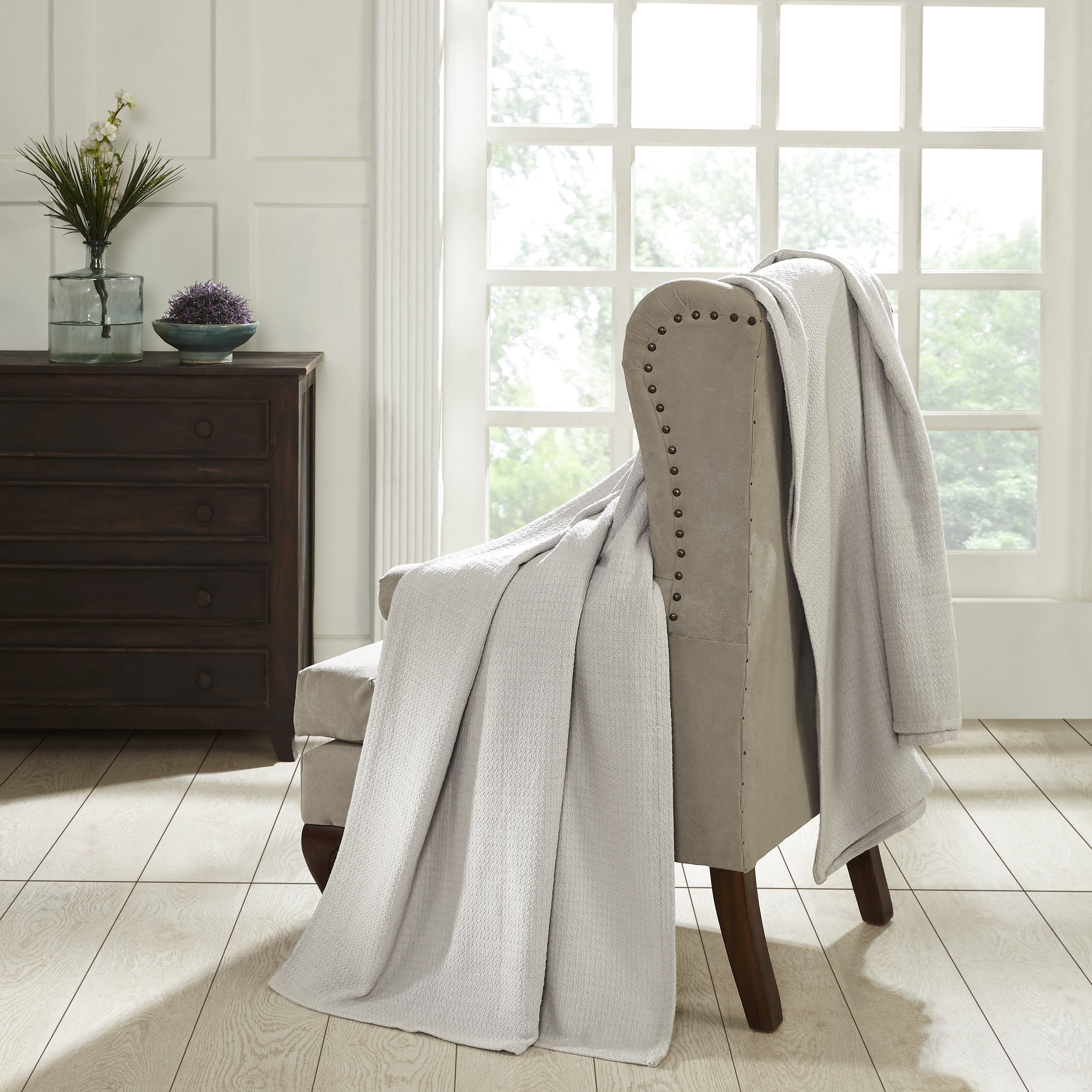 Superior Waffle Weave Knit Cotton Blanket, Throw Size, Silver