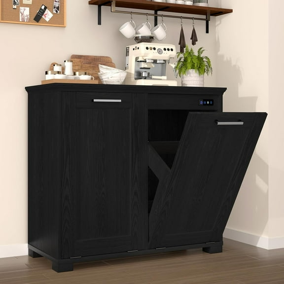 Tilt Out Trash Cabinet, Wooden Kitchen Trash Can Cabinet with Deodorising Function, 2 * 10 Gallons Hidden Laundry Sorter Cabinet, Pure Black