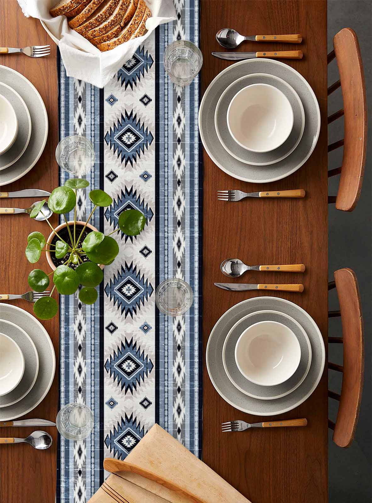 Blue Southwestern Burlap Cotton Table Runner 14x72 Inches Long, Boho Aztec Ethnic Abstract Print Farmhouse Table Runners, Outdoor Dining Tablecloths Decor for Baby Shower/Party/Wedding