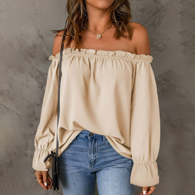 RYRJJ Women's Off Shoulder Tops Elegant Trendy Ladies Ruffle Long