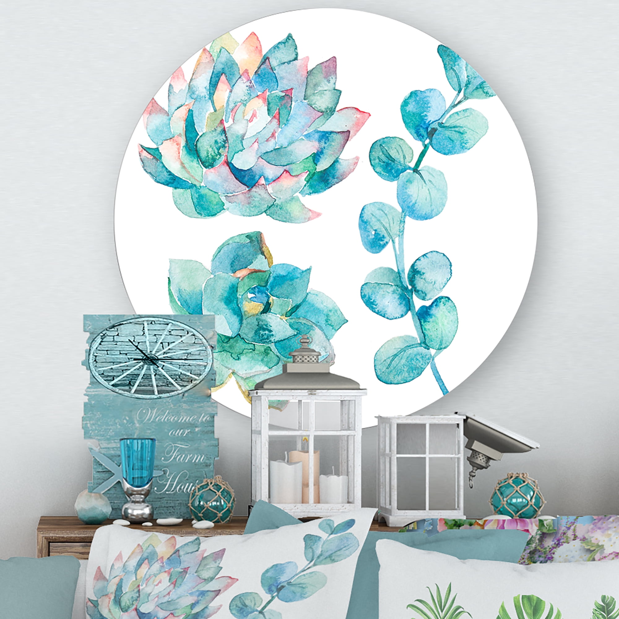 Designart 'Succulents and Eucalyptus Leaves' Traditional Circle Metal Wall Art 11x11 - Disc of 11
