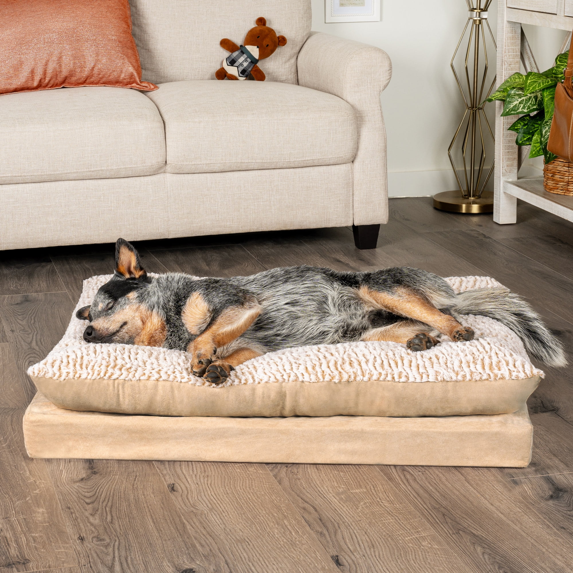 FurHaven Pet Products Embossed Faux Fur & Suede Orthopedic Pillow Top Mattress Pet Bed for Dogs & Cats - Taupe, Large