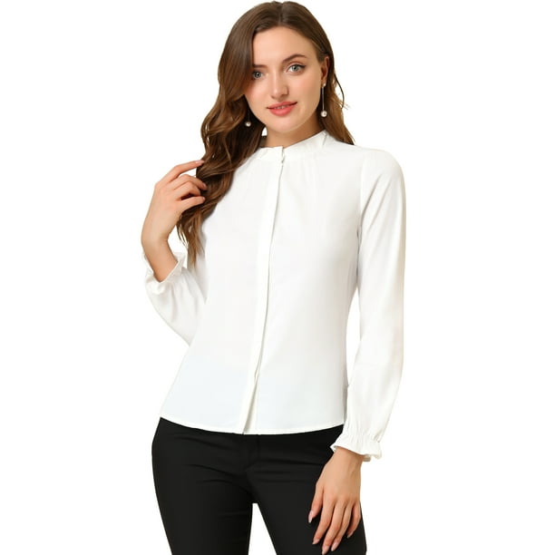 Blusa De Chifon Con Cuello Levantado Y Volantes De Manga Larga Con Cierre De Botones Para Oficina Y Trabajo Para Mujer blanco M Allegra K Blusa Walmart en linea