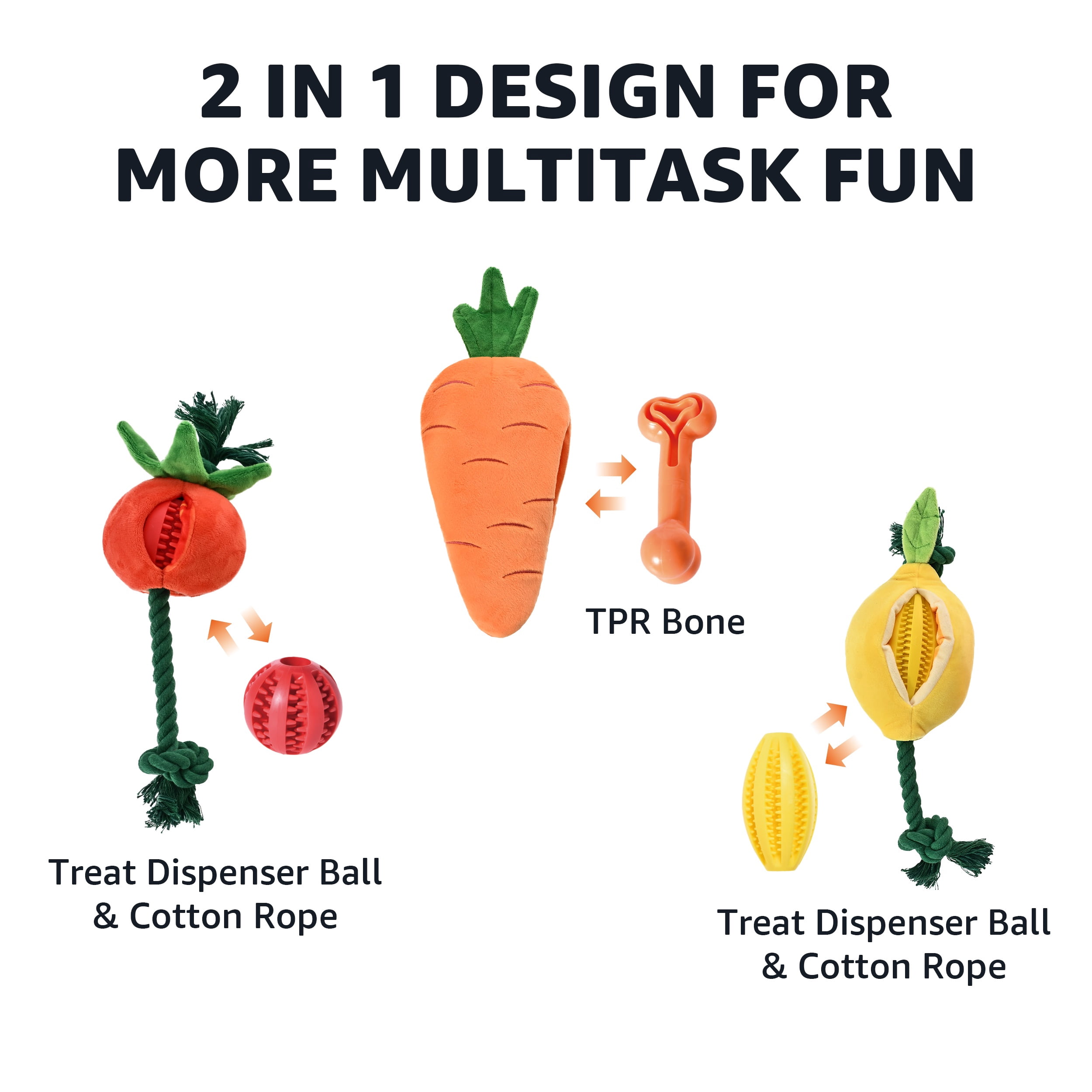 Max & Marlow Dog Rope Toys, 2 in 1 Interactive Veggie-themed Plush Toys with TPR Toys, 3 Pack