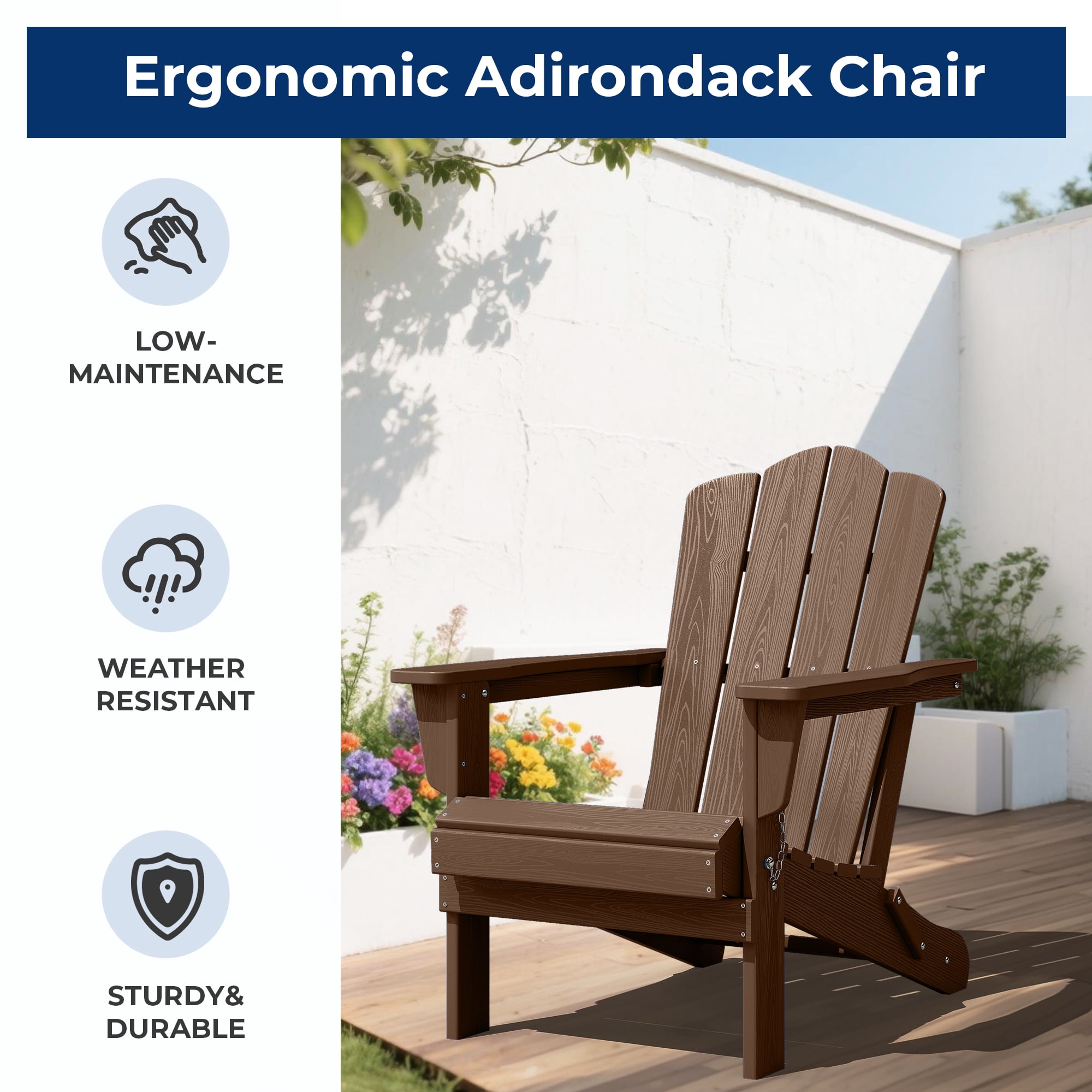 FUNDAZE HDPE Adirondack Chair, Foldable Weather-resistant Outdoor Chair for Patio, Poolside, Garden, Yard, Brown