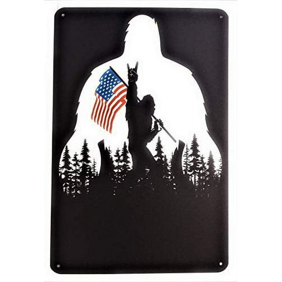 Bigfoot Rocks Sasquatch in The USA Bigfoot American Flag 8x12 Tin Sign Made from Aluminum. TS498