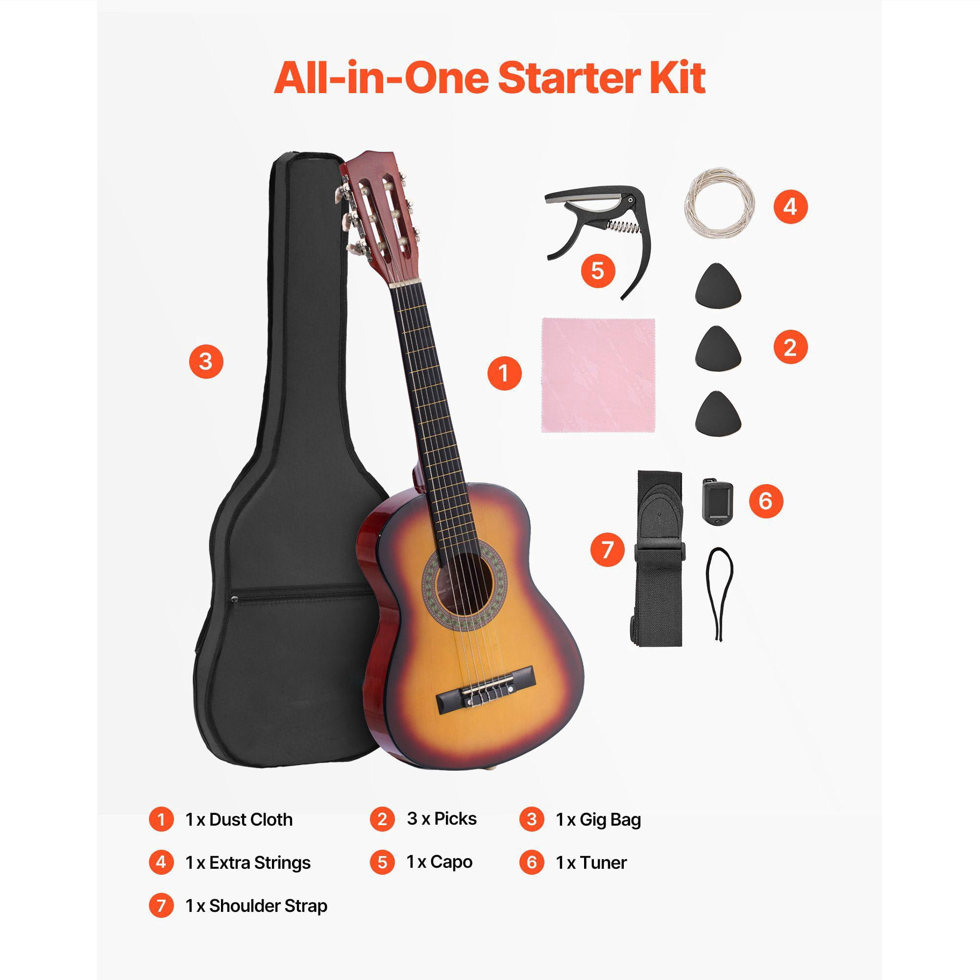 30 Inch Basswood Classical Guitar Starter Kit with Nylon Strings Gig Bag Strap Tuner Extra Strings Pick Capo Sunburst for Beginners Kids Girls Boys Students