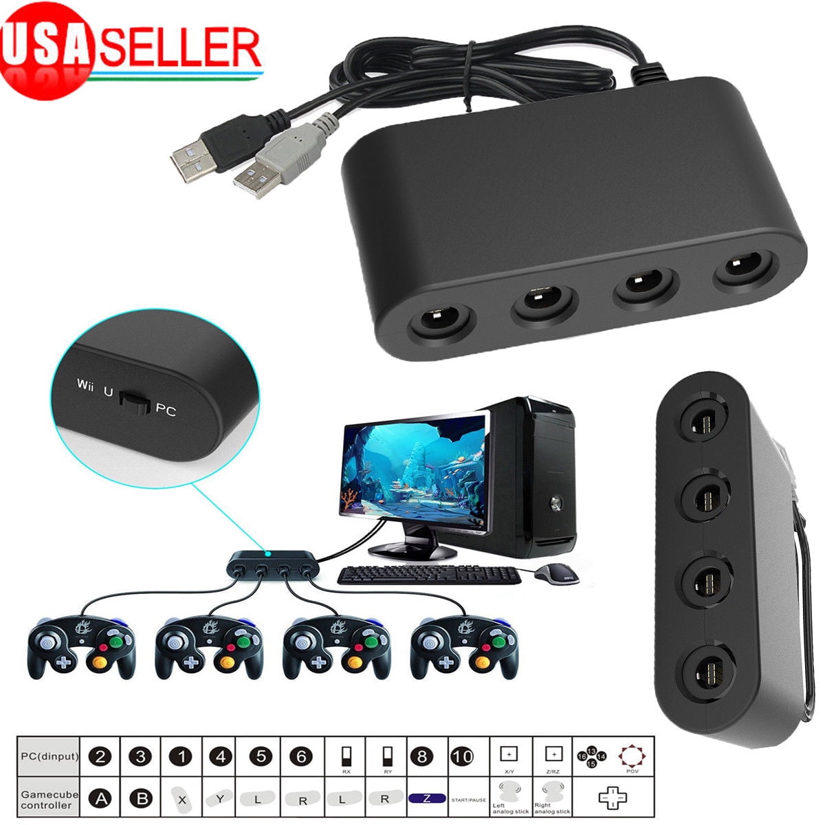 Controller Adapter for Nintendo Wii U and PC USB 4 Ports Connection