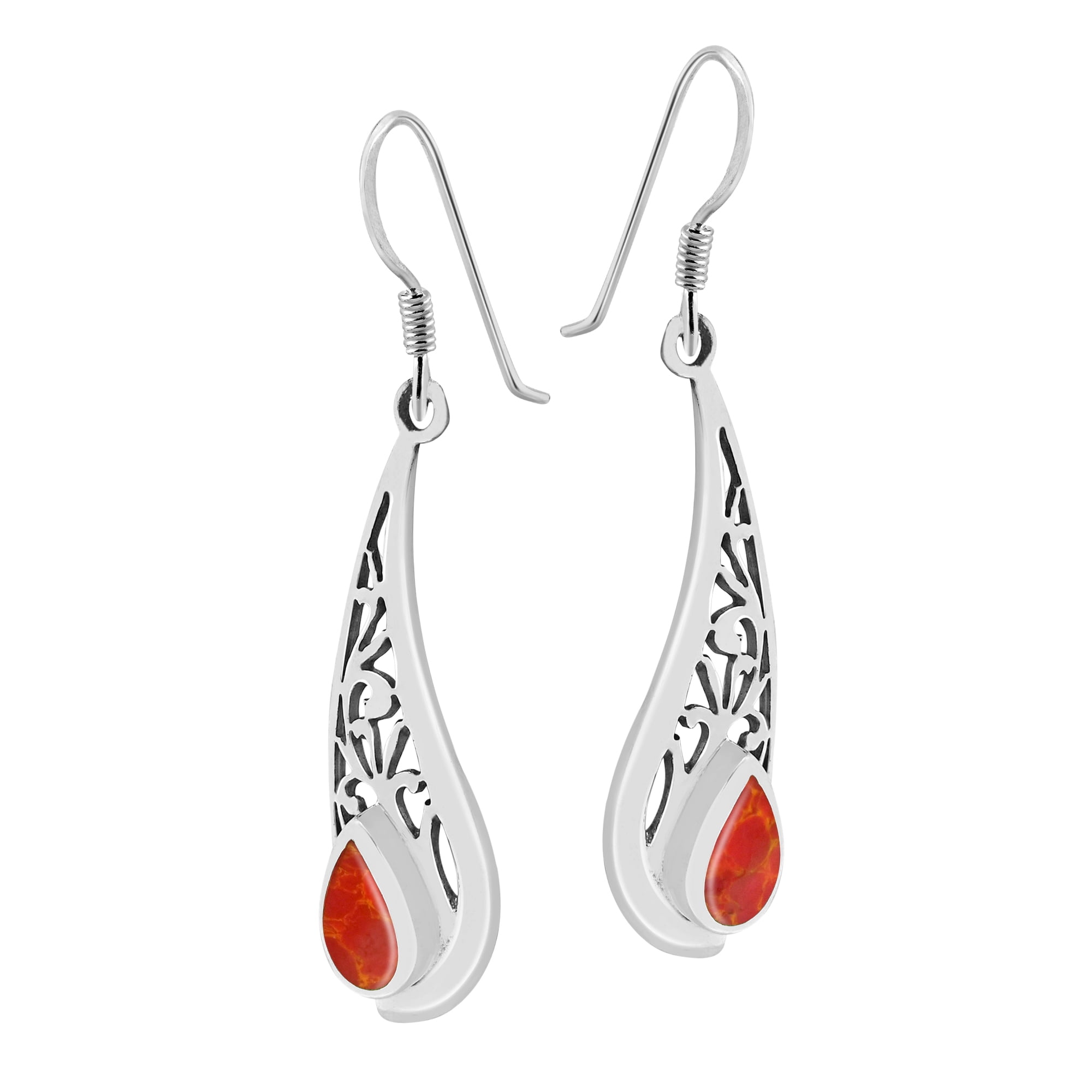 Stylized Filigree Teardrops Red Coral Inlay Sterling Silver Dangle Earrings