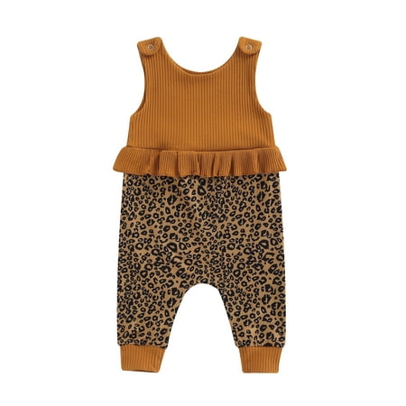 

jaweiw Little Girl s Romper Sleeveless Ribbed Ruffle Vest Leopard Printed Pants One Piece Jumpsuit