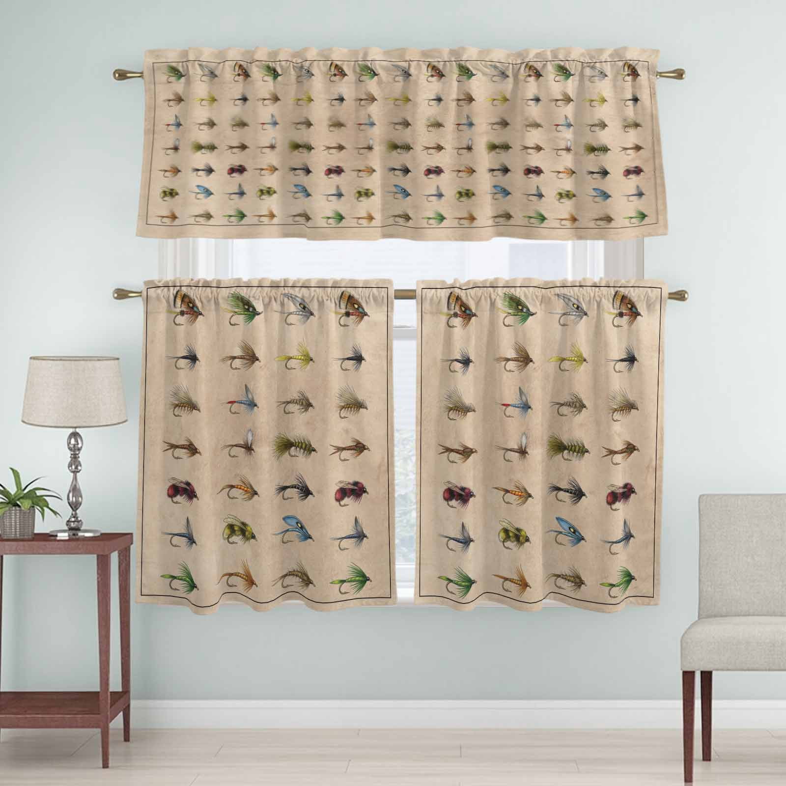 Fish Hook Curtain Valances Set Retro Colorful Fish Hook Biographies Linen Texture Kitchen Curtains 36&nbsp;inch Length Rod Pocket Valance and Tiers 3 Piece Set Small Bedroom Bathroom Laundry Decor