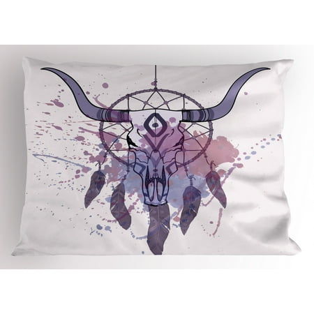 Feather Pillow Sham Bull Skull Illustration With Dreamcatcher And