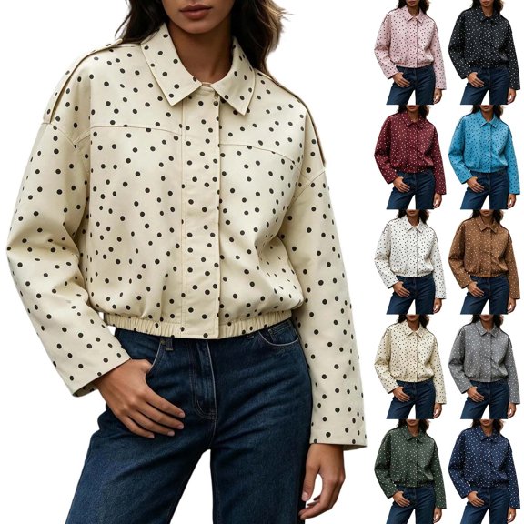 Tqcoqu Women's Autumn Winter Polka Dot Zip Up Cropped Jacket, Long Sleeve Top with Shoulder Detail Design,Women's,Size S-XXL
