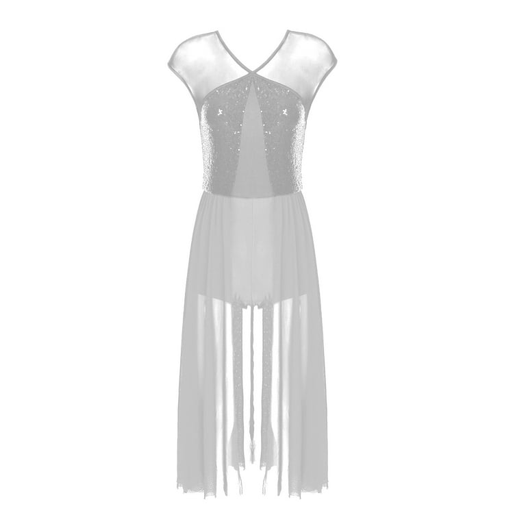 MSemis Women's Lyrical Dress Illusion Sequin V-Neck Sheer Mesh Leotard Dress  Dancewear - Walmart.com