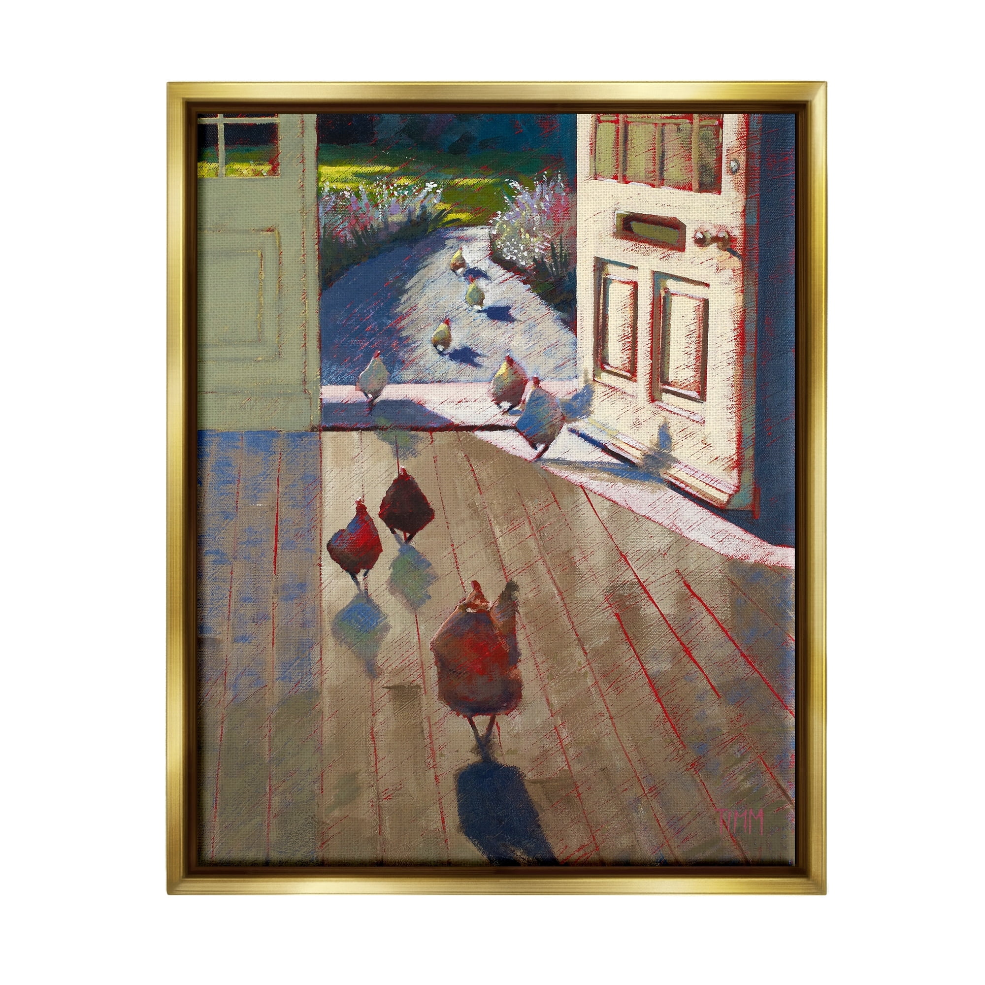 Stupell Industries Chickens Strolling Through Farmhouse Doorway Contemporary Strokes Painting Metallic Gold Floating Framed Canvas Print Wall Art, Design by Lisa Timmerman