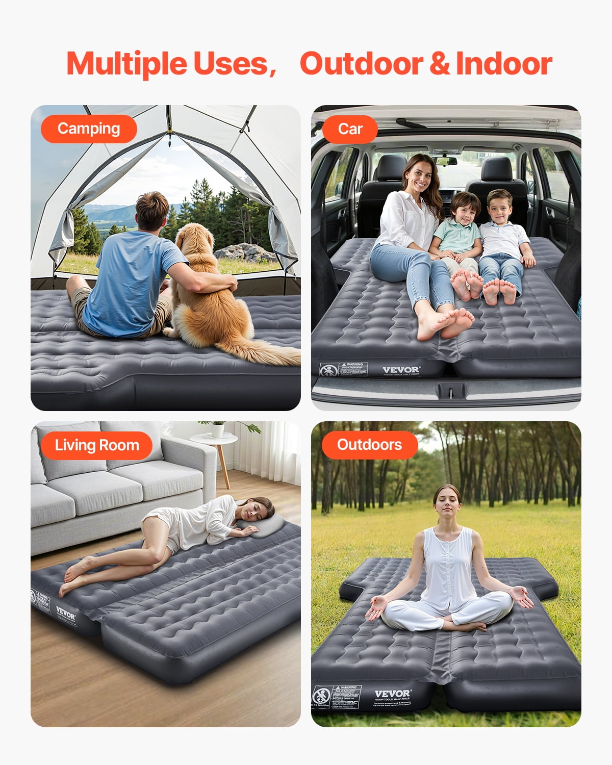 VEVOR Car Air Mattress, Inflatable Car Camping Mattress, Oxford Thickened Travel Beds, Comfortable and Durable Portable Sleeping Pad with Air Pump, Nozzle, Carry Bag, Fits Most SUV MPV Sedan, Gray