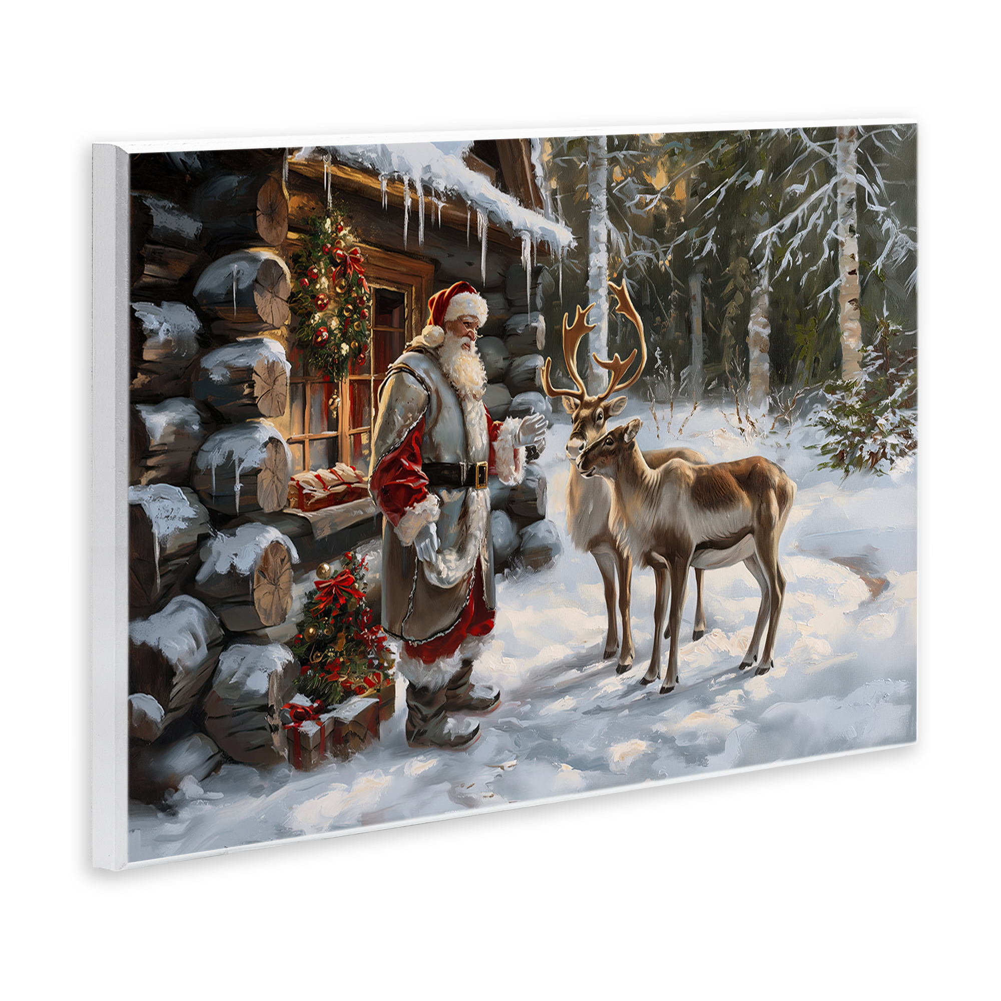 Stupell Industries Santa's Cabin with Reindeer Holiday Painting Unframed Art Prints Wall Art, 15 x 10