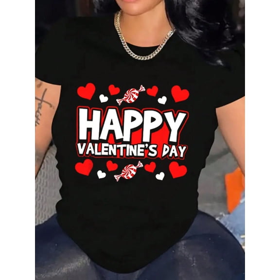 Happy Candy Heart Valentine's Day Women Casual Short Sleeve Graphic Tee