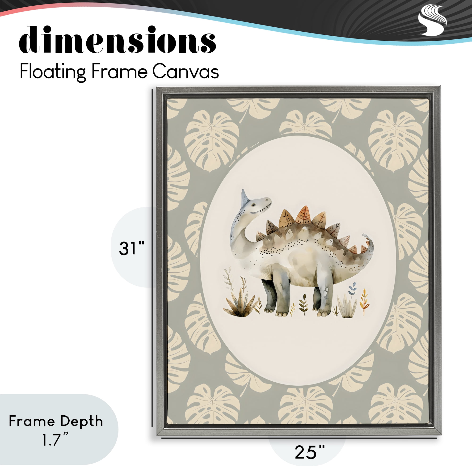 Stupell Industries Watercolor Dinosaur Monstera Border Gray Framed Floater Canvas Wall Art, design by LSR Design Studio