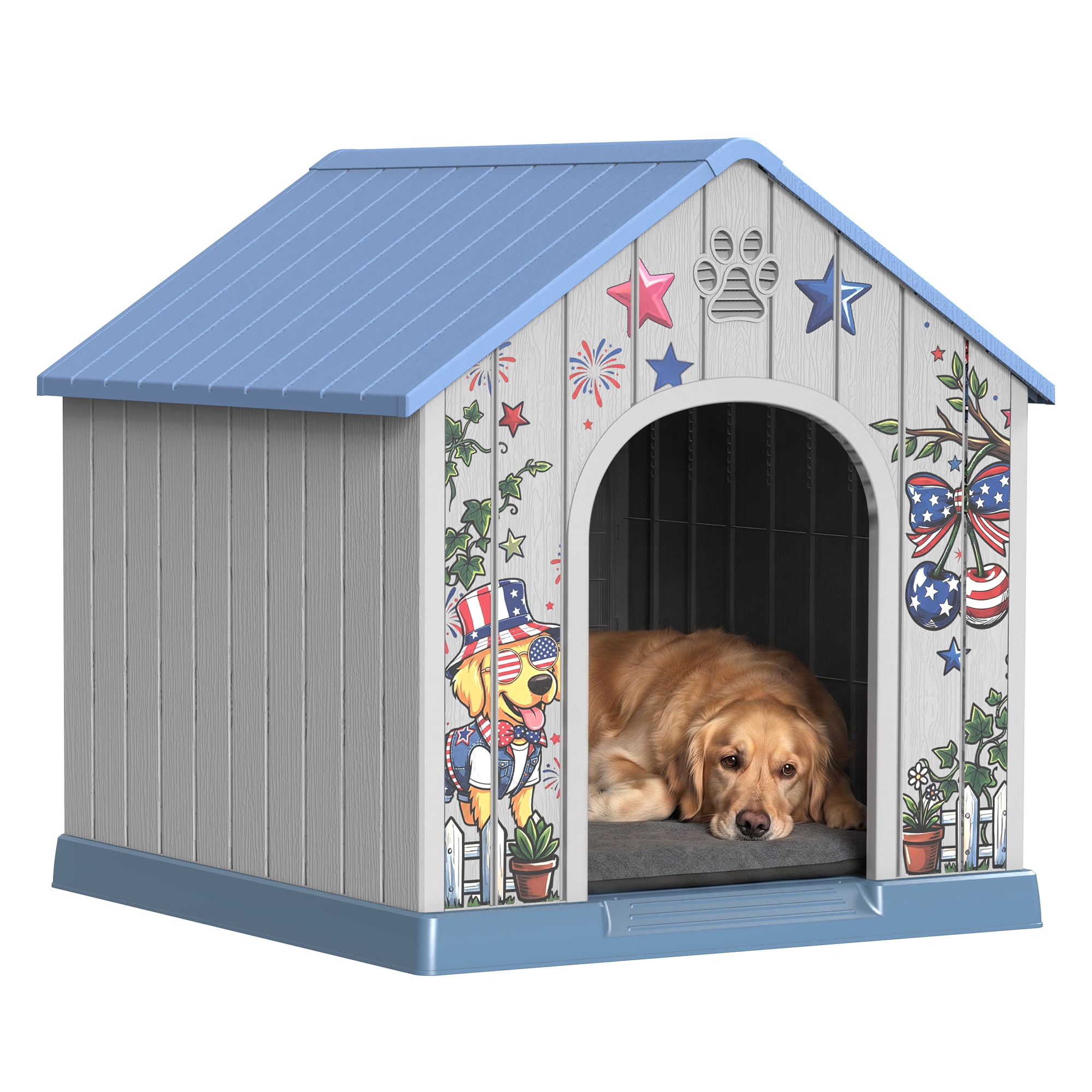 Easy Up Durable Waterproof Resin Dog House for Small to Large Sized Dogs, Indoor Outdoor Doghouse with Elevated Floor