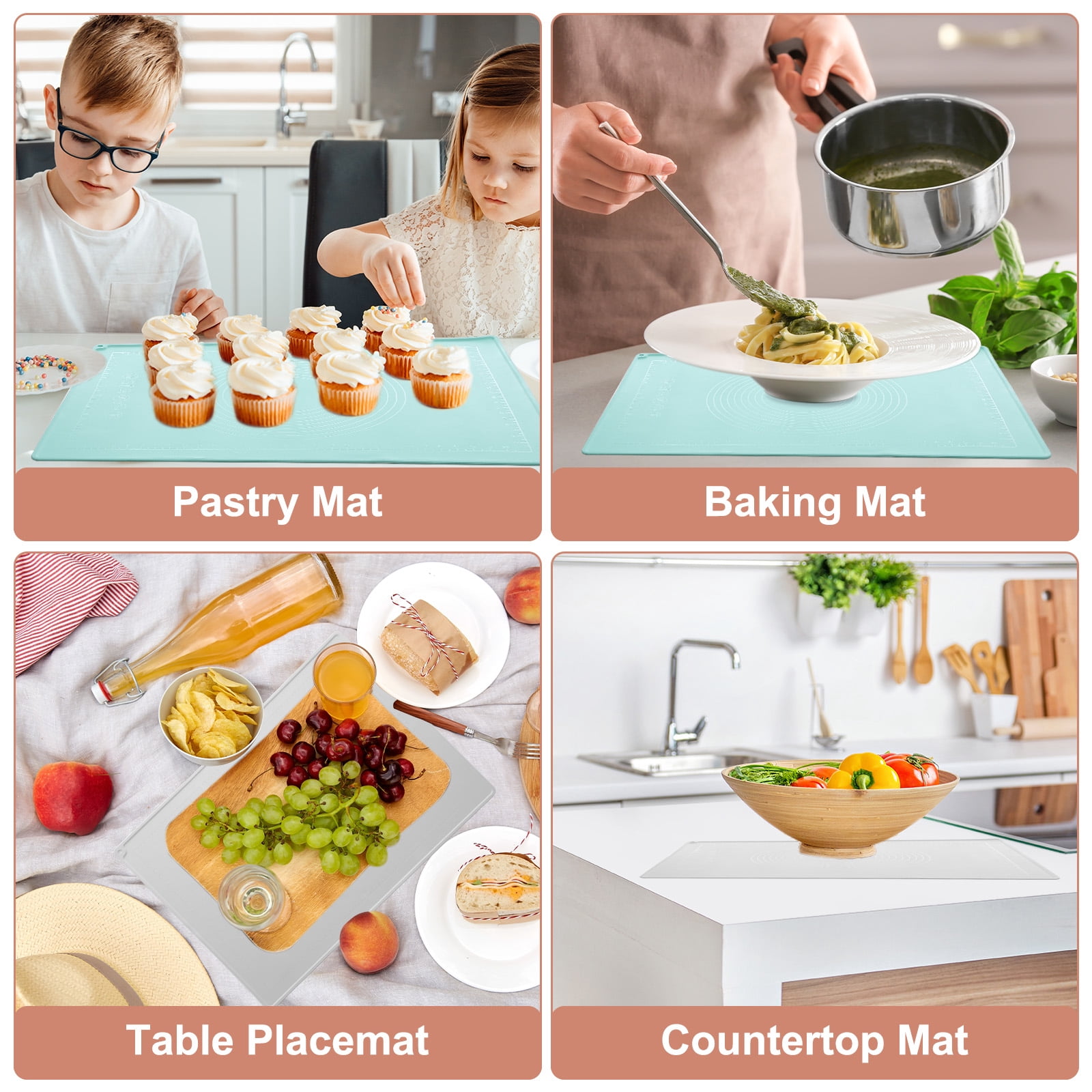 Silicone Pastry Mat, 27.5" x 19.7" Silicone Baking Mat with Measurements, Non-Stick Dough Rolling Mat Green